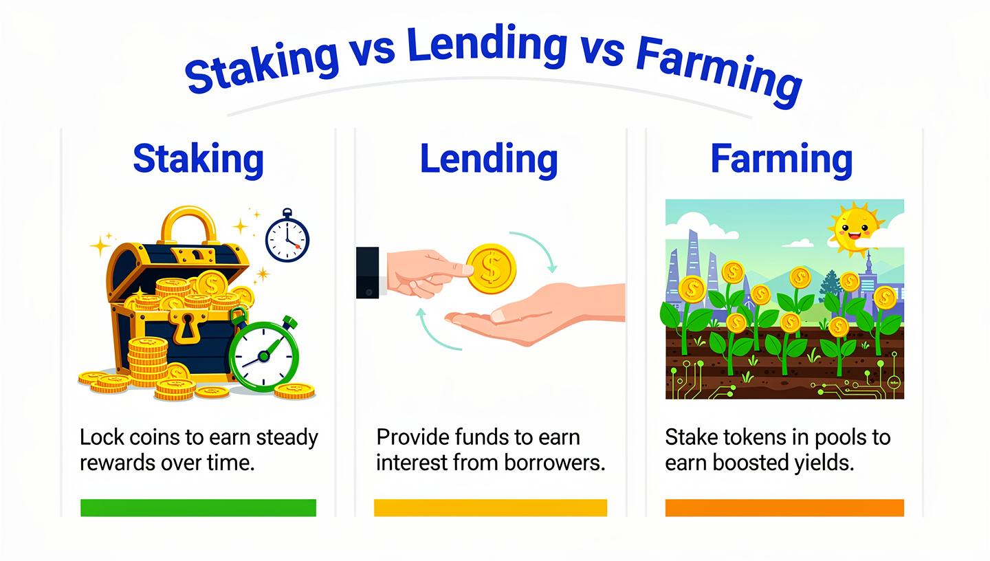Staking vs Lending vs Farming Key Differences
